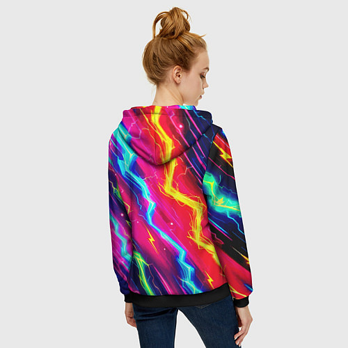 Женская толстовка на молнии Абстракция из неоновых молний - нейроарт / 3D-Черный – фото 4