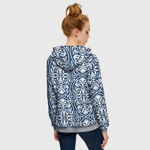Женская толстовка на молнии Геометрический узор арабеска бело-синий / 3D-Меланж – фото 4