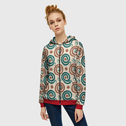 Толстовка на молнии женская Паттерн со змеями защищающими луну и солнце, цвет: 3D-красный — фото 2