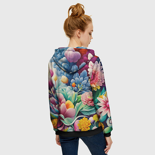 Женская толстовка на молнии Объемные цветы лето / 3D-Черный – фото 4