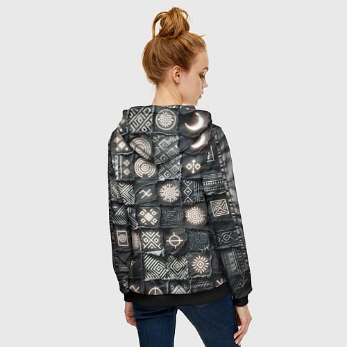 Женская толстовка на молнии Африканские знаки на пэчворк дениме / 3D-Черный – фото 4