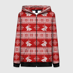 Толстовка на молнии женская Вязаный зимний узор с зайчатами, цвет: 3D-черный
