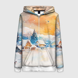 Толстовка на молнии женская Деревенский новогодний пейзаж, цвет: 3D-белый