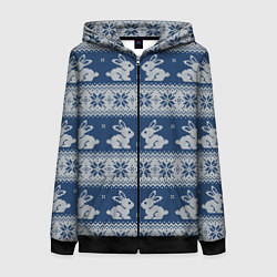 Толстовка на молнии женская Вязаный зимний узор с милыми зайчатами, цвет: 3D-черный