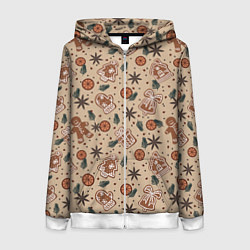 Толстовка на молнии женская Узор с пряниками и специями для глинтвейна, цвет: 3D-белый
