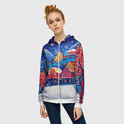 Толстовка на молнии женская Новогодний городок в горах, цвет: 3D-белый — фото 2