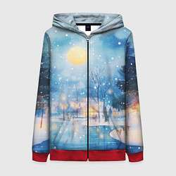 Толстовка на молнии женская Новогодняя атмосфера - акварель, цвет: 3D-красный