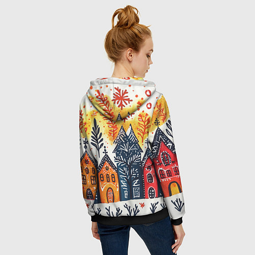 Женская толстовка на молнии Разноцветные новогодние дома / 3D-Черный – фото 4