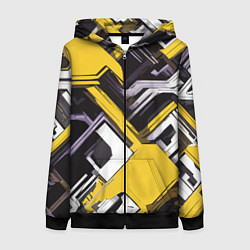 Толстовка на молнии женская Бело-жёлтый техно паттерн на чёрном фоне, цвет: 3D-черный