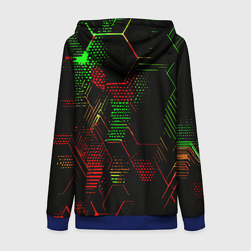Женская толстовка на молнии Красно-зелёные точки и линии на чёрном фоне / 3D-Синий – фото 2