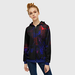 Толстовка на молнии женская Красно-синие точки и линии на чёрном фоне, цвет: 3D-синий — фото 2