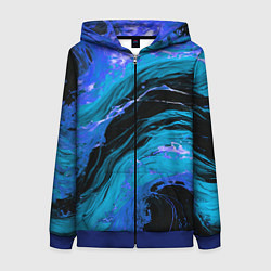 Женская толстовка на молнии Синие брызги на чёрном фоне