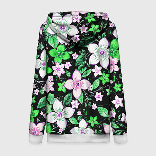 Женская толстовка на молнии Зелёно-белые цветы на чёрном фоне / 3D-Белый – фото 2