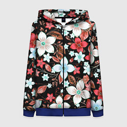 Женская толстовка на молнии Красно-белые цветы на чёрном фоне