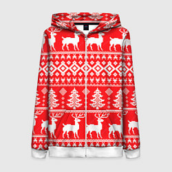 Женская толстовка на молнии Новогодние мотивы елки и олени на красном