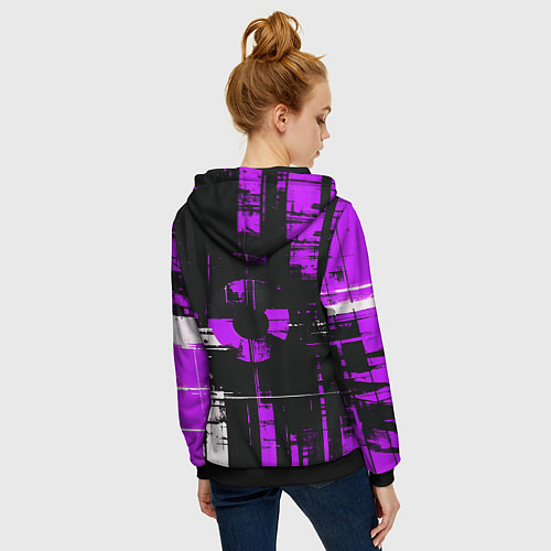 Женская толстовка на молнии Фиолетово-белый гранж на чёрном фоне / 3D-Черный – фото 4
