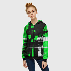 Толстовка на молнии женская Зелёно-белый гранж на чёрном фоне, цвет: 3D-черный — фото 2