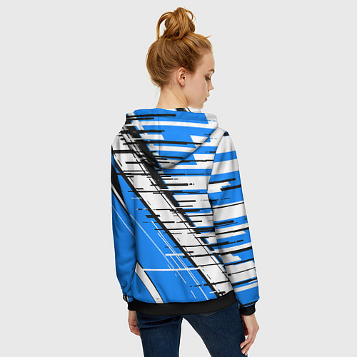 Женская толстовка на молнии Чёрно-белые глитч полосы на синем фоне / 3D-Черный – фото 4