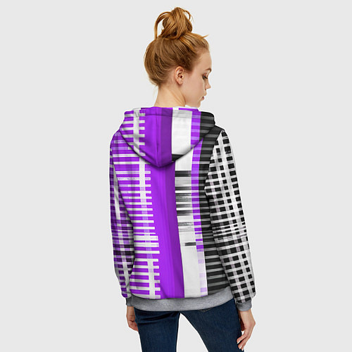 Женская толстовка на молнии Белые полосы на чёрно-фиолетовом фоне / 3D-Меланж – фото 4