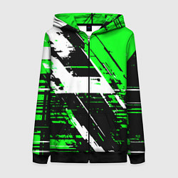 Толстовка на молнии женская Diagonal black and white stripes on a green backgr, цвет: 3D-черный