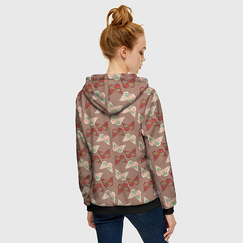 Женская толстовка на молнии Бабочки зелено-бежевые / 3D-Черный – фото 4