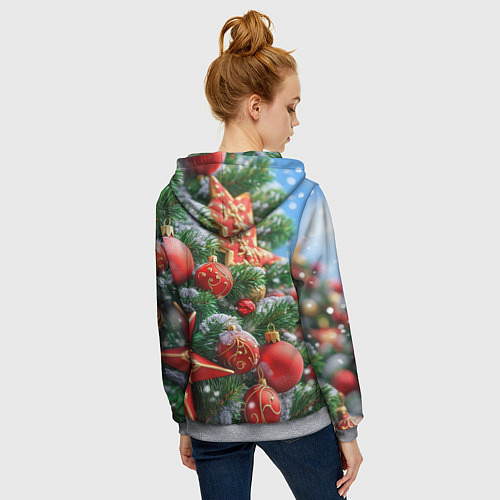 Женская толстовка на молнии Красные шары и звезда новогодняя / 3D-Меланж – фото 4