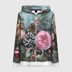 Толстовка на молнии женская Новогодние цветы и шишки, цвет: 3D-белый