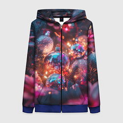 Толстовка на молнии женская Новогодние шары и фиолетовые блески, цвет: 3D-синий