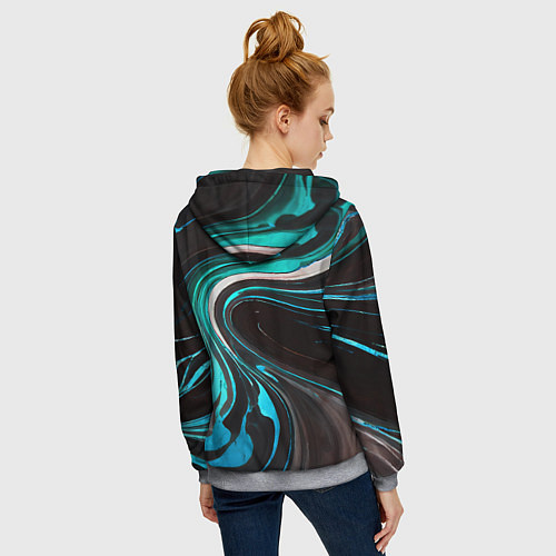 Женская толстовка на молнии Волнистые бело-голубые линии на чёрном фоне / 3D-Меланж – фото 4