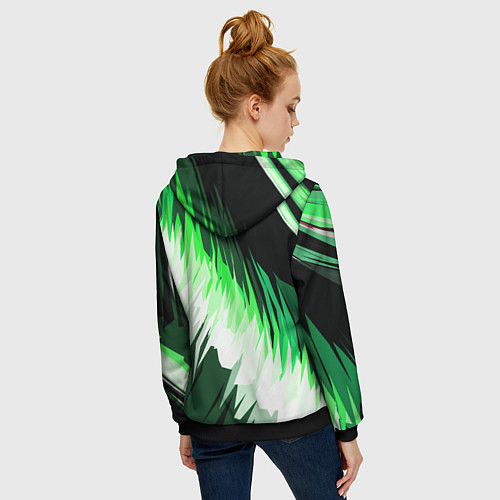 Женская толстовка на молнии Зелёно-белая абстракция на чёрном фоне / 3D-Черный – фото 4