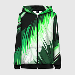 Толстовка на молнии женская Зелёно-белая абстракция на чёрном фоне, цвет: 3D-черный