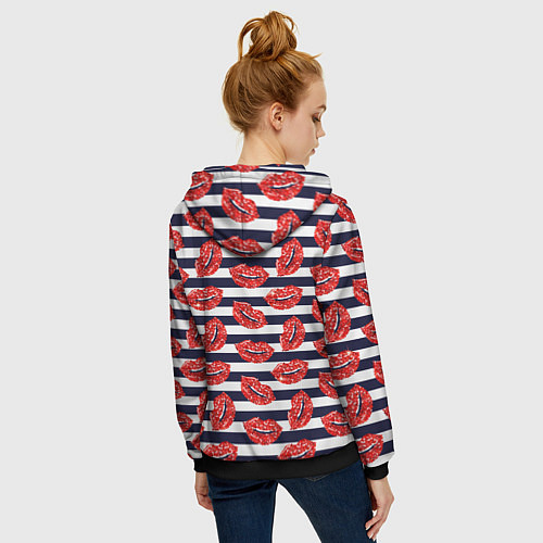 Женская толстовка на молнии Женские губы с красной блестящей помадой на полоса / 3D-Черный – фото 4