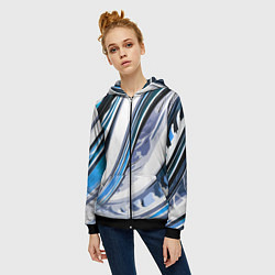 Толстовка на молнии женская Волнистая бело-синяя абстракция, цвет: 3D-черный — фото 2
