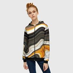 Толстовка на молнии женская Волнистые чёрно-жёлтые полосы на белом фоне, цвет: 3D-черный — фото 2