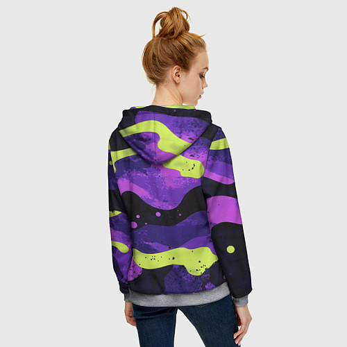 Женская толстовка на молнии Черно-фиолетовый камуфляж и золотой герб РФ / 3D-Меланж – фото 4