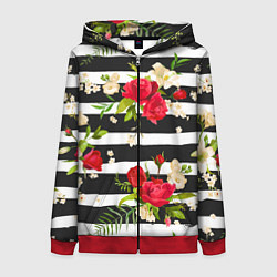 Толстовка на молнии женская Красные розы на черных полосках, цвет: 3D-красный