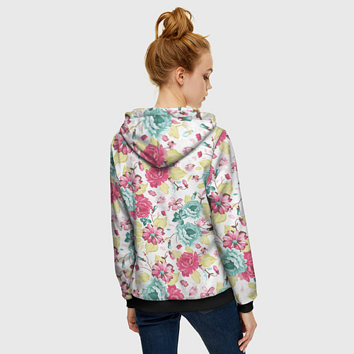 Женская толстовка на молнии Розы красные и бирюзовые / 3D-Черный – фото 4
