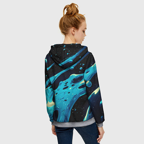 Женская толстовка на молнии Синие волны краски на черном / 3D-Меланж – фото 4