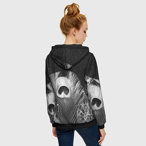 Женская толстовка на молнии Изогнутые белые перья павлина - чб иллюстрация / 3D-Черный – фото 4