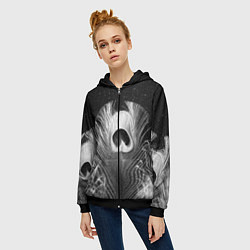 Толстовка на молнии женская Изогнутые белые перья павлина - чб иллюстрация, цвет: 3D-черный — фото 2