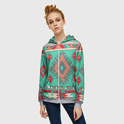 Толстовка на молнии женская Оранжево бирюзовый геометрический узор в стиле ацт, цвет: 3D-меланж — фото 2