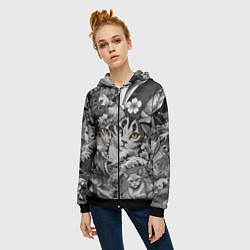 Толстовка на молнии женская С котами и рыбой на фоне сакуры в волнах, цвет: 3D-черный — фото 2