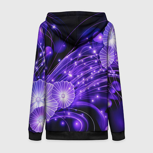 Женская толстовка на молнии Силуэты цветов на темном фоне - фиолетовое свечени / 3D-Черный – фото 2