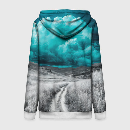 Женская толстовка на молнии Монохромное поле и сине-зеленое небо - природный п / 3D-Белый – фото 2
