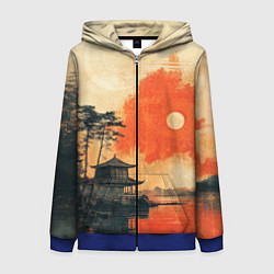 Толстовка на молнии женская Рыбацкий дом на закате, цвет: 3D-синий