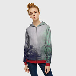 Толстовка на молнии женская Рыбацкий домик на берегу озера, цвет: 3D-красный — фото 2