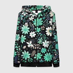 Толстовка на молнии женская Чёрный в зелёный цветочек стилизованный, цвет: 3D-черный