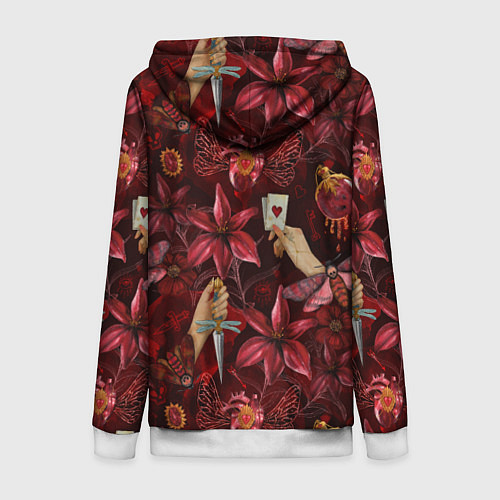 Женская толстовка на молнии Бордовая готика с сердцем, лилиями и мотыльками / 3D-Белый – фото 2
