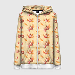 Толстовка на молнии женская Хеллоуин с тыквой и листьями, цвет: 3D-белый