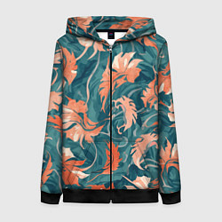 Женская толстовка на молнии Рыже-бирюзовый паттерн с осенними листьями, AI
